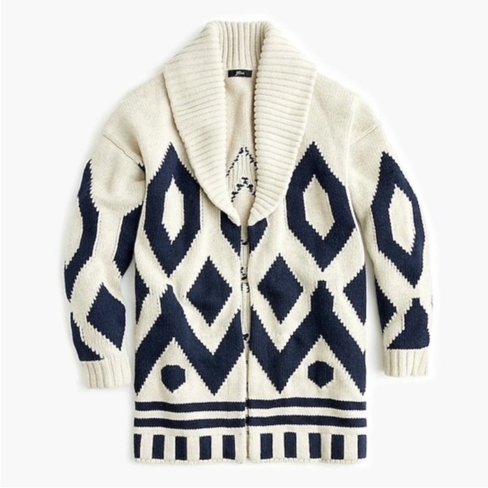 J Crew Fair Isle Cardigan Coat Sweater Ivory Navy